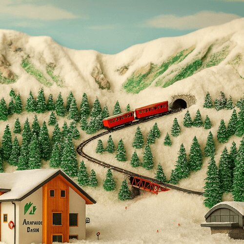 Miniature Alpine Train Village - stylized illustration