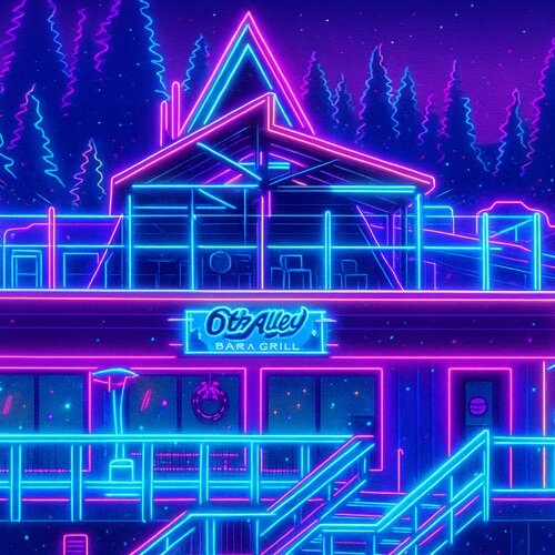 Neon Arcade Ski Resort - stylized illustration