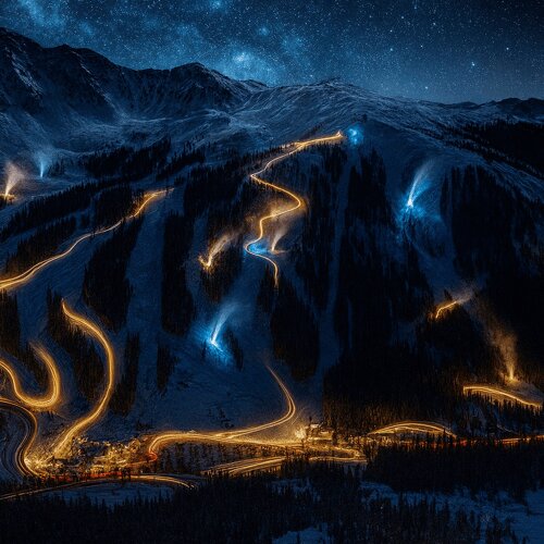 Nighttime Ski Magic - stylized illustration
