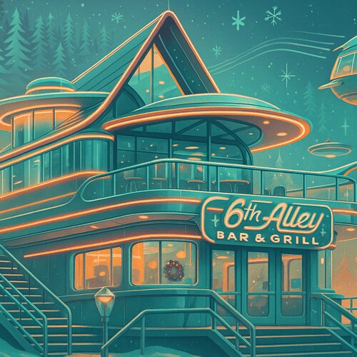 Retro-Futuristic Alpine Scene - stylized illustration