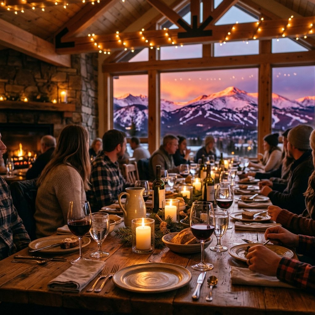 Guests sharing a candlelit dinner at a mountain lodge table as alpenglow lights the peaks through the windows