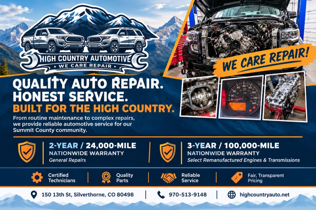 High Country Automotive -- quality auto repair, honest service, built for the High Country. 150 13th St, Silverthorne, CO. 970-513-9148.